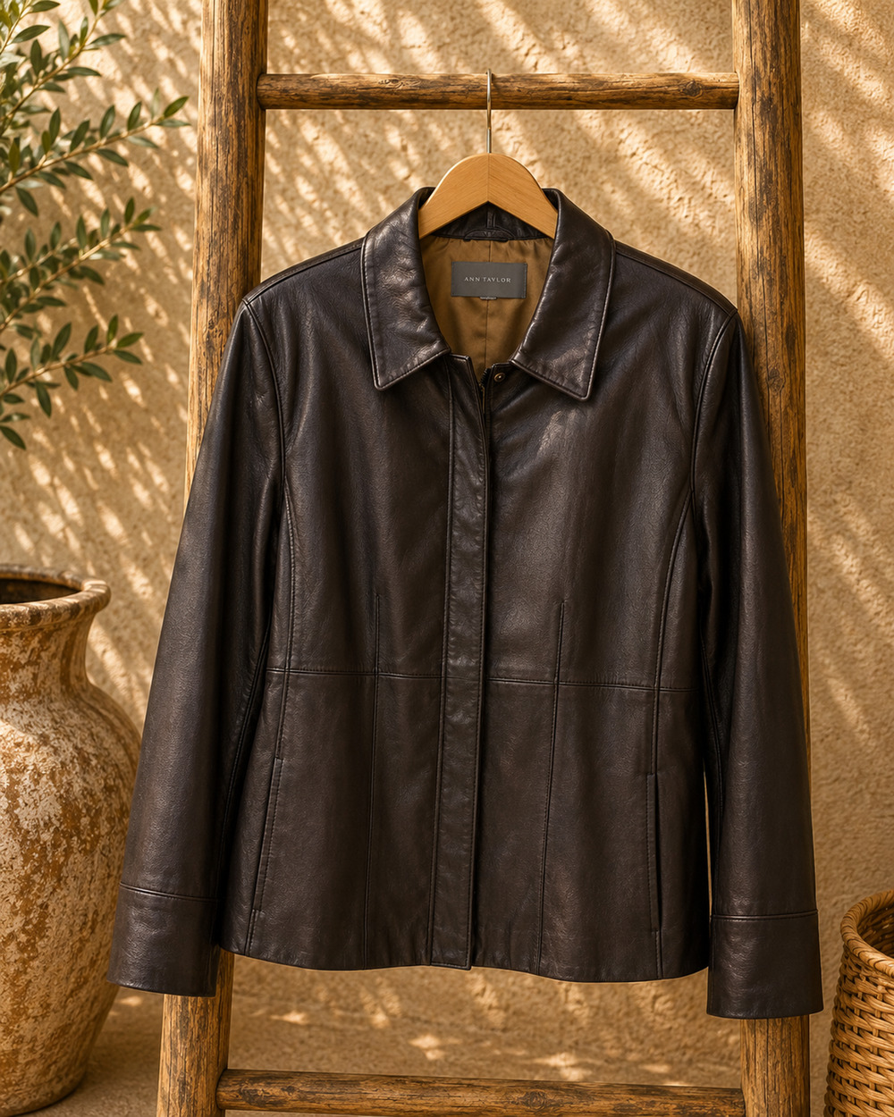 Vintage Ann Taylor Lambskin Leather Jacket Brown Zip Front Fully Lined Women’s M